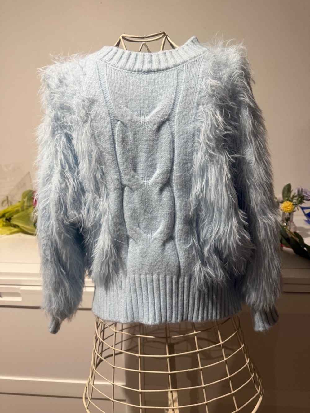 Faux-Fur Trim Light Blue Cable Knit Pullover Sweater
